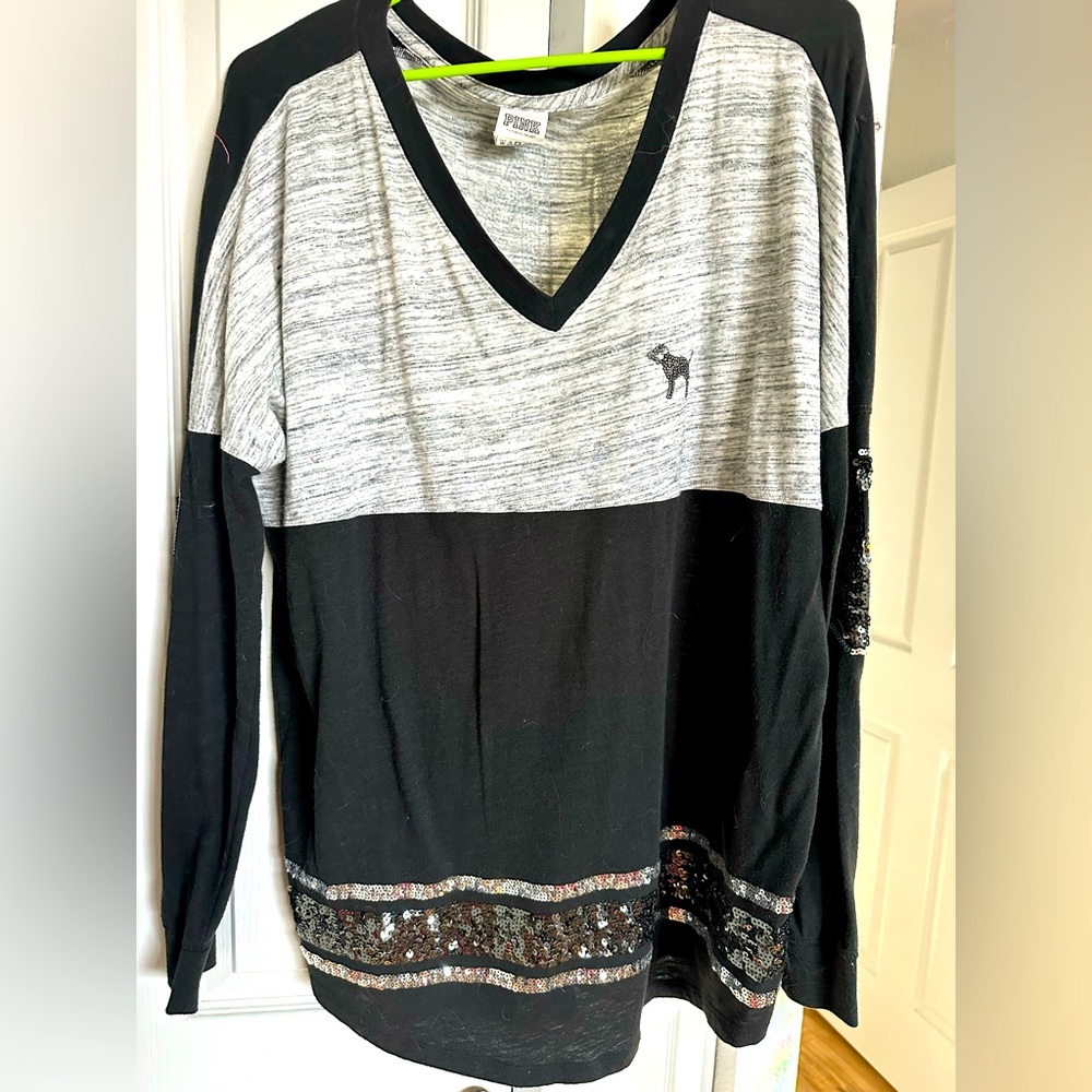 Black and Gray Long Sleeve Top with Sequin Detail